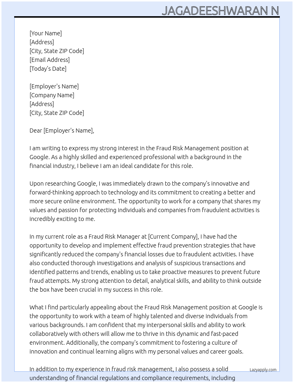 Fraud Risk Management  At Google  Cover Letter
