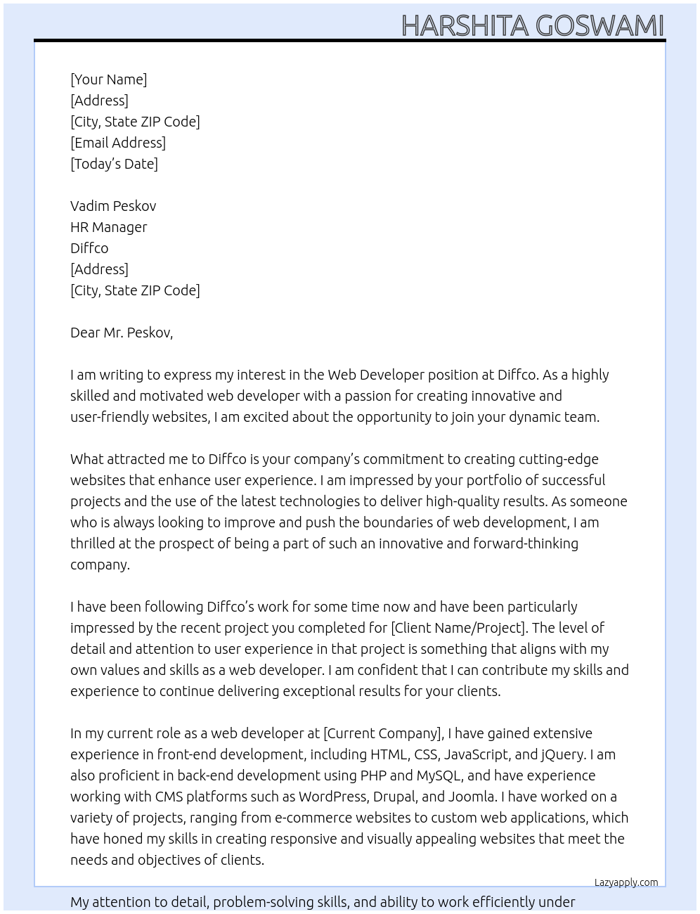 Web Developer At Diffco Cover Letter