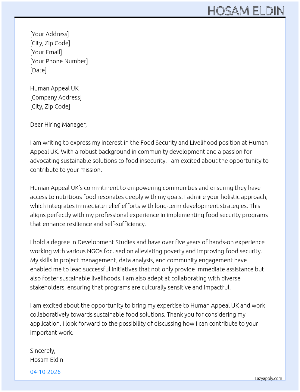 Food Security and Livelihood At Human Appeal UK Cover Letter