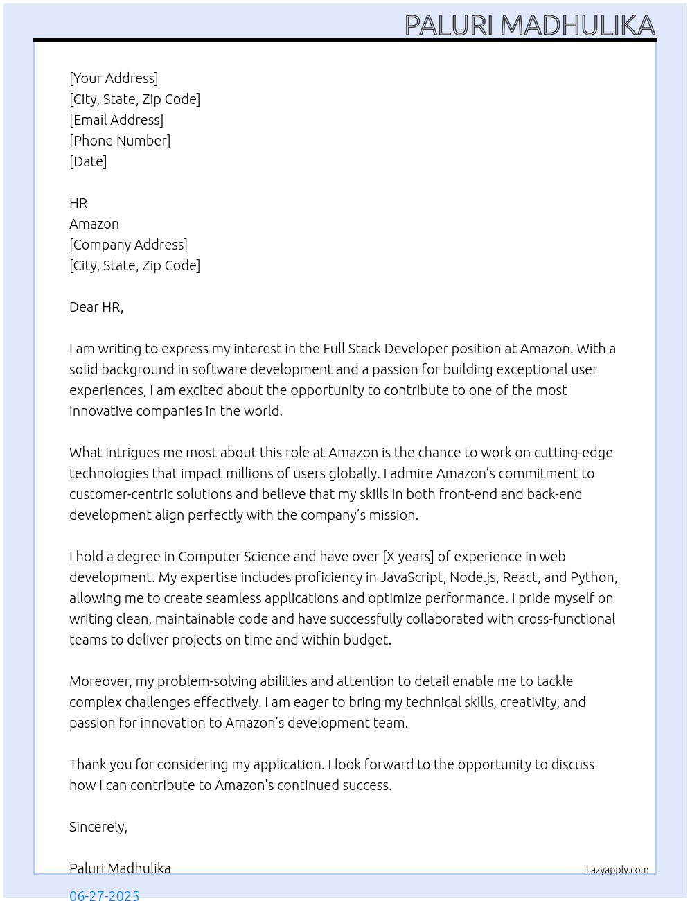 FULL STACK DEVELOPER At AMAZON Cover Letter