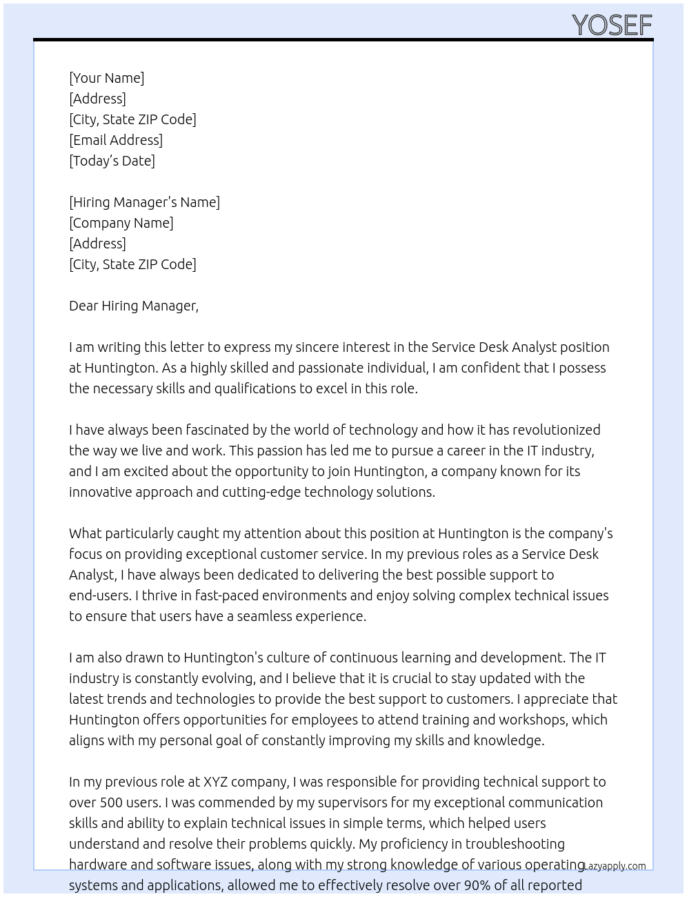 Service Desk Analyst At Huntington Cover Letter