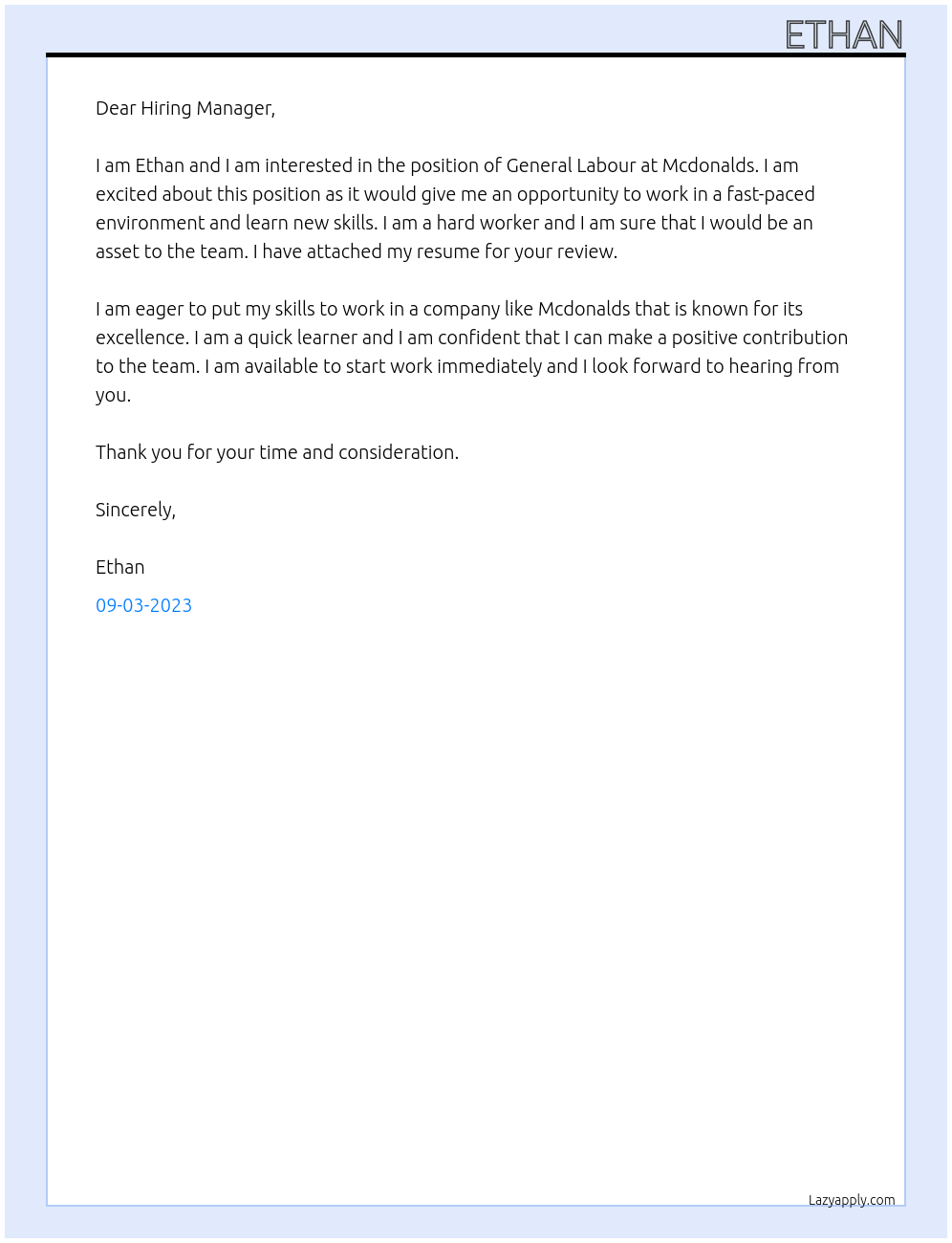 General labour At Mcdonalds Cover Letter