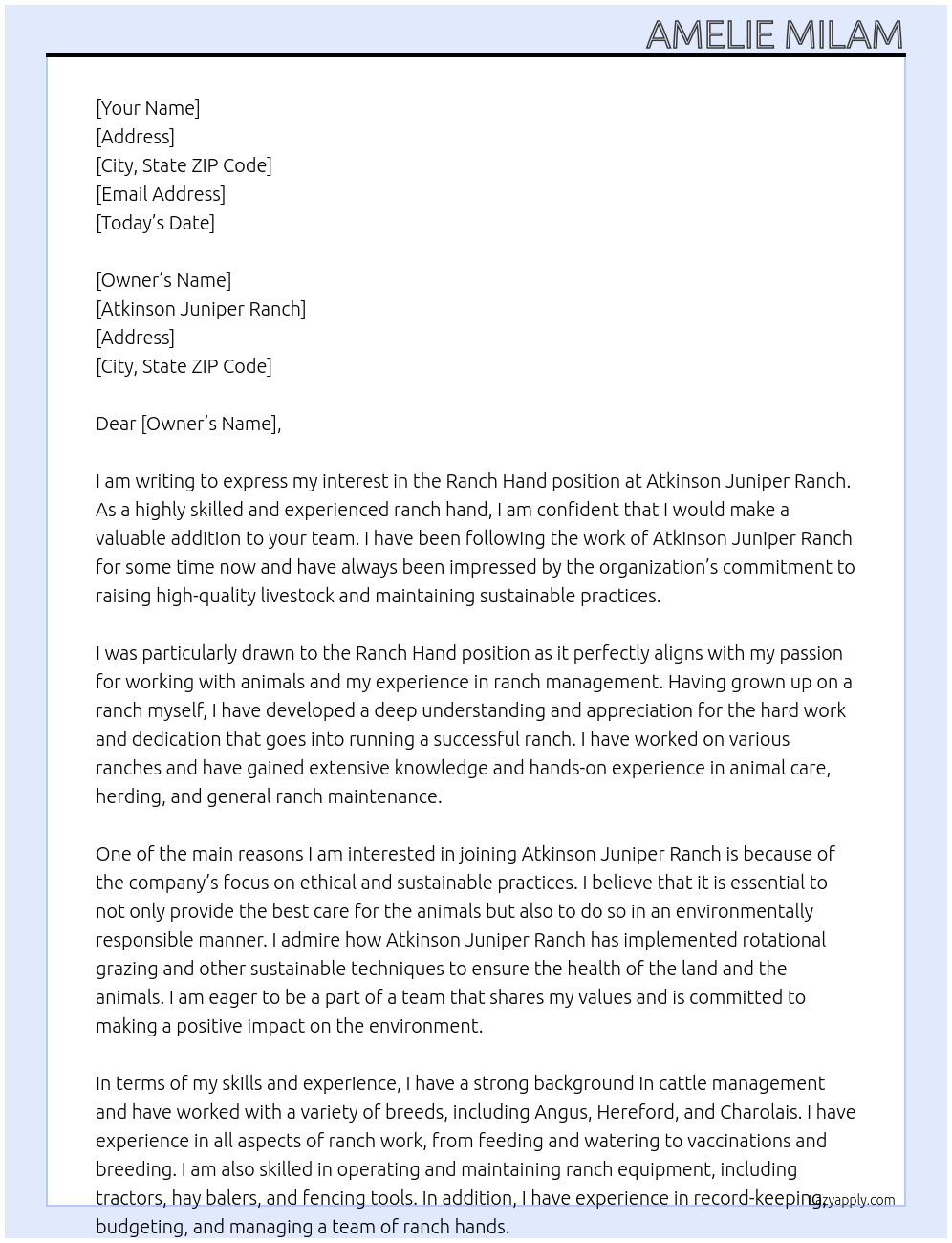 Ranch Hand  At Atkinson Juniper Ranch Cover Letter