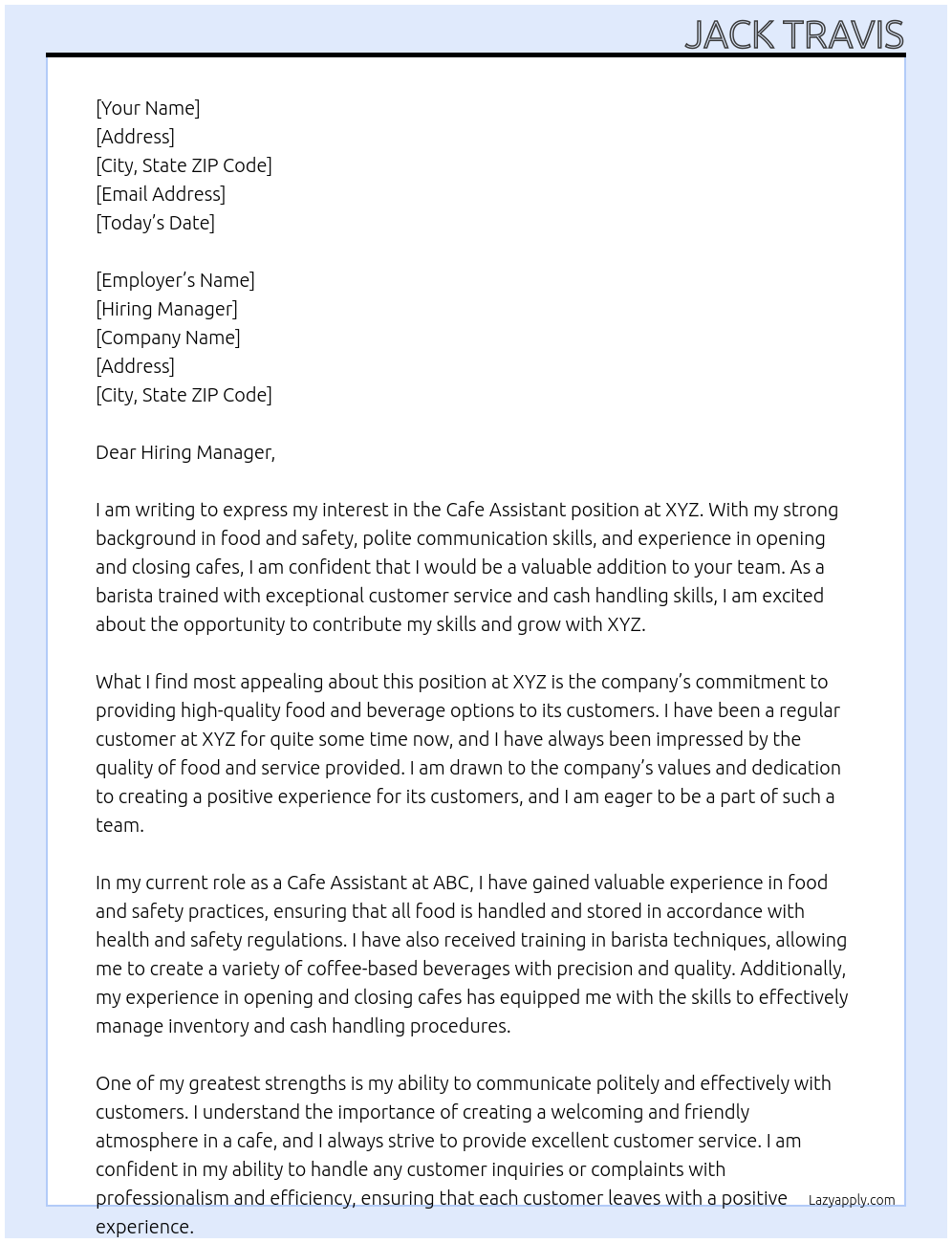 Cafe Assistant  At XYZ Cover Letter