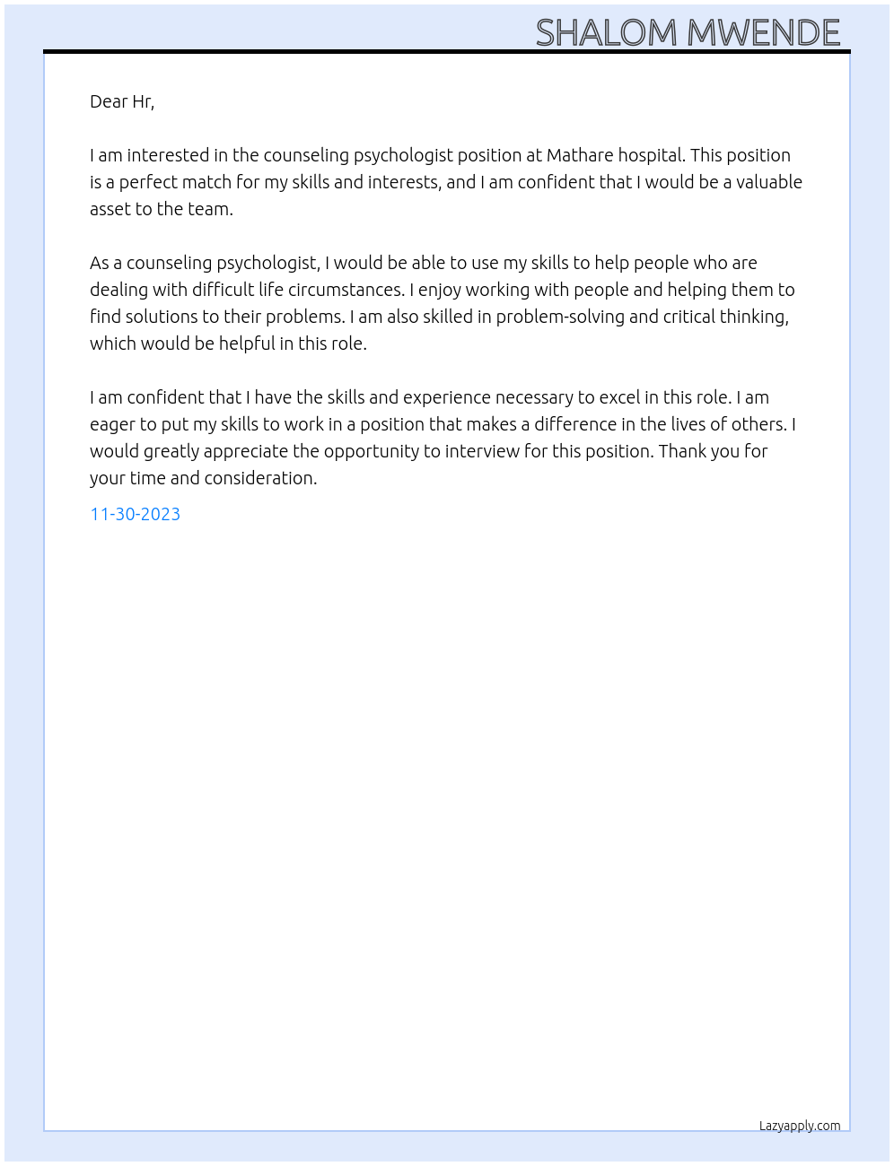 Counseling psychologist  At Mathare hospital  Cover Letter