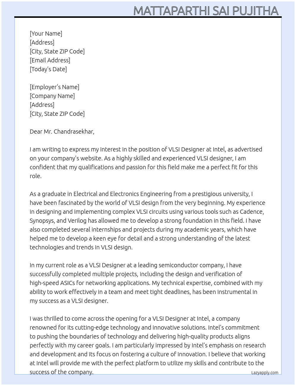 VLSI designer At Intel Cover Letter