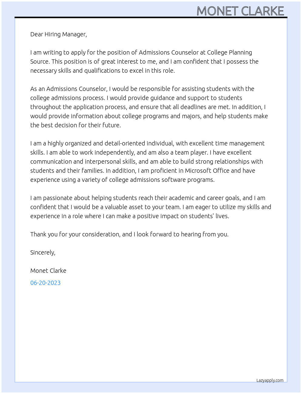 Admissions Counselor At College Planning Source Cover Letter