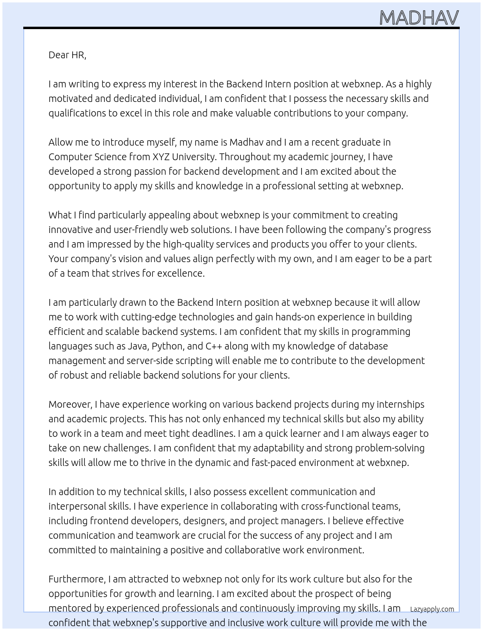 Backend Intern At webxnep Cover Letter