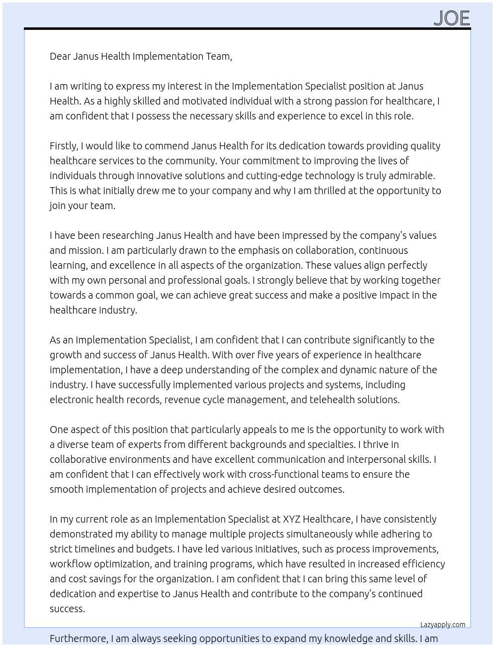 Implementation Specialist At Janus Health Cover Letter