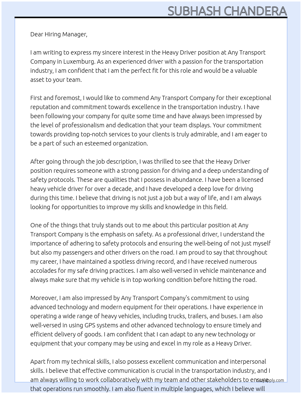 Heavy driver At Luxemburg Cover Letter