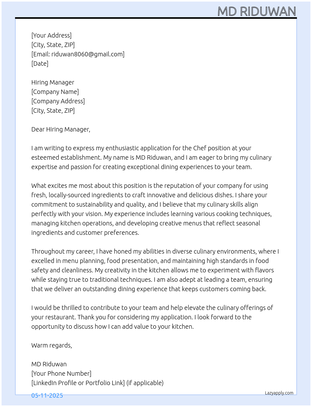 Chef At riduwan8060@gmail.com Cover Letter