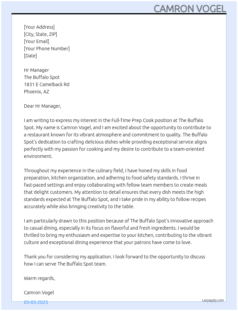 Prep Cook At The Buffalo Spot Cover Letter