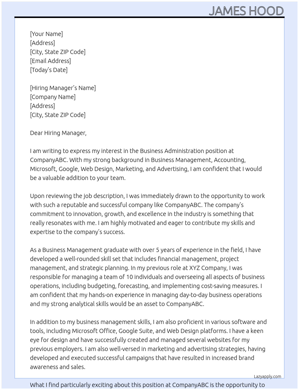 Business Administration At CompanyABC Cover Letter