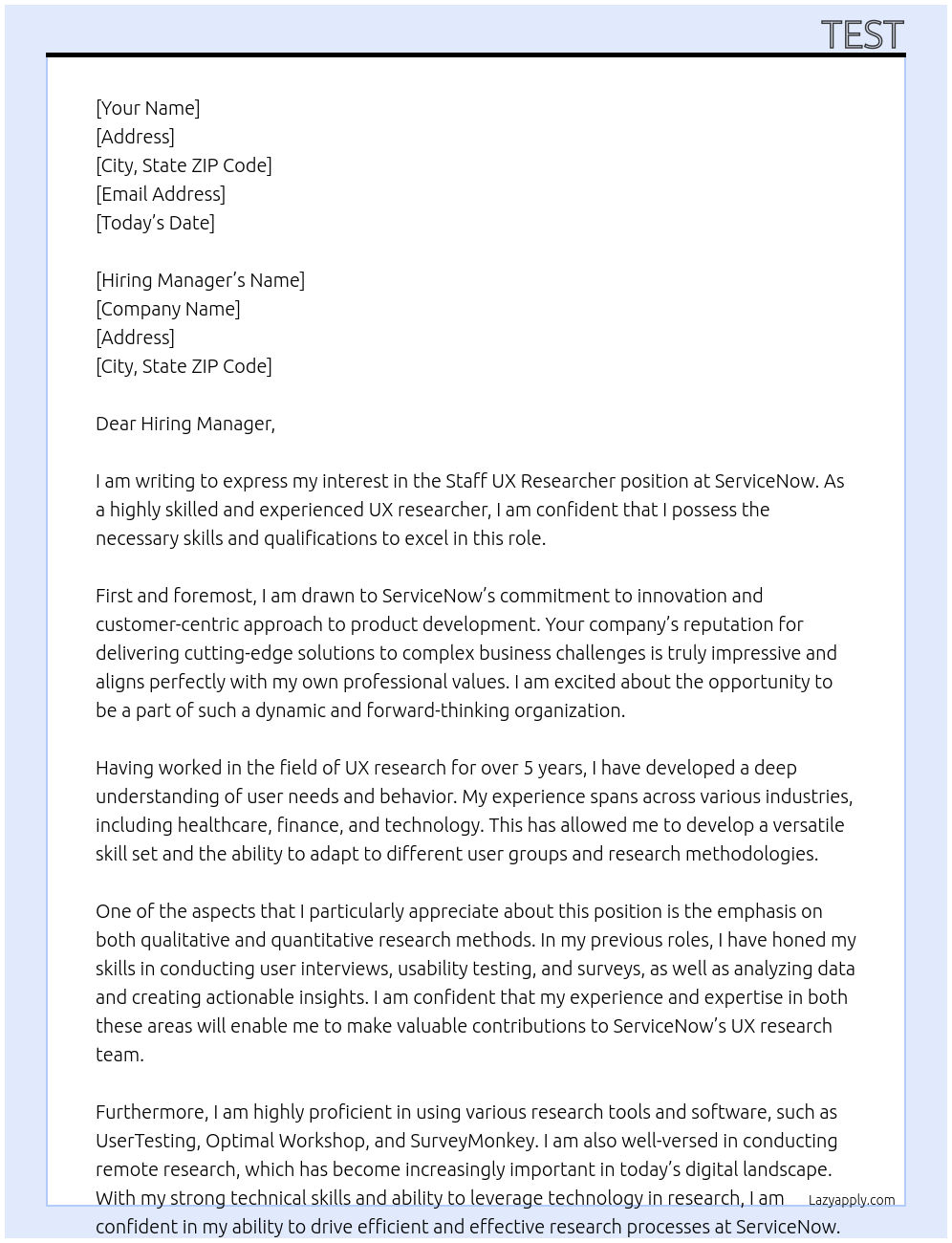 Staff UX Researcher At ServiceNow Cover Letter