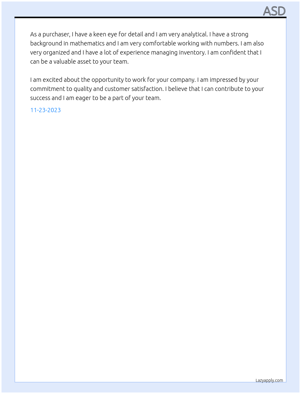 purchaser At asd Cover Letter