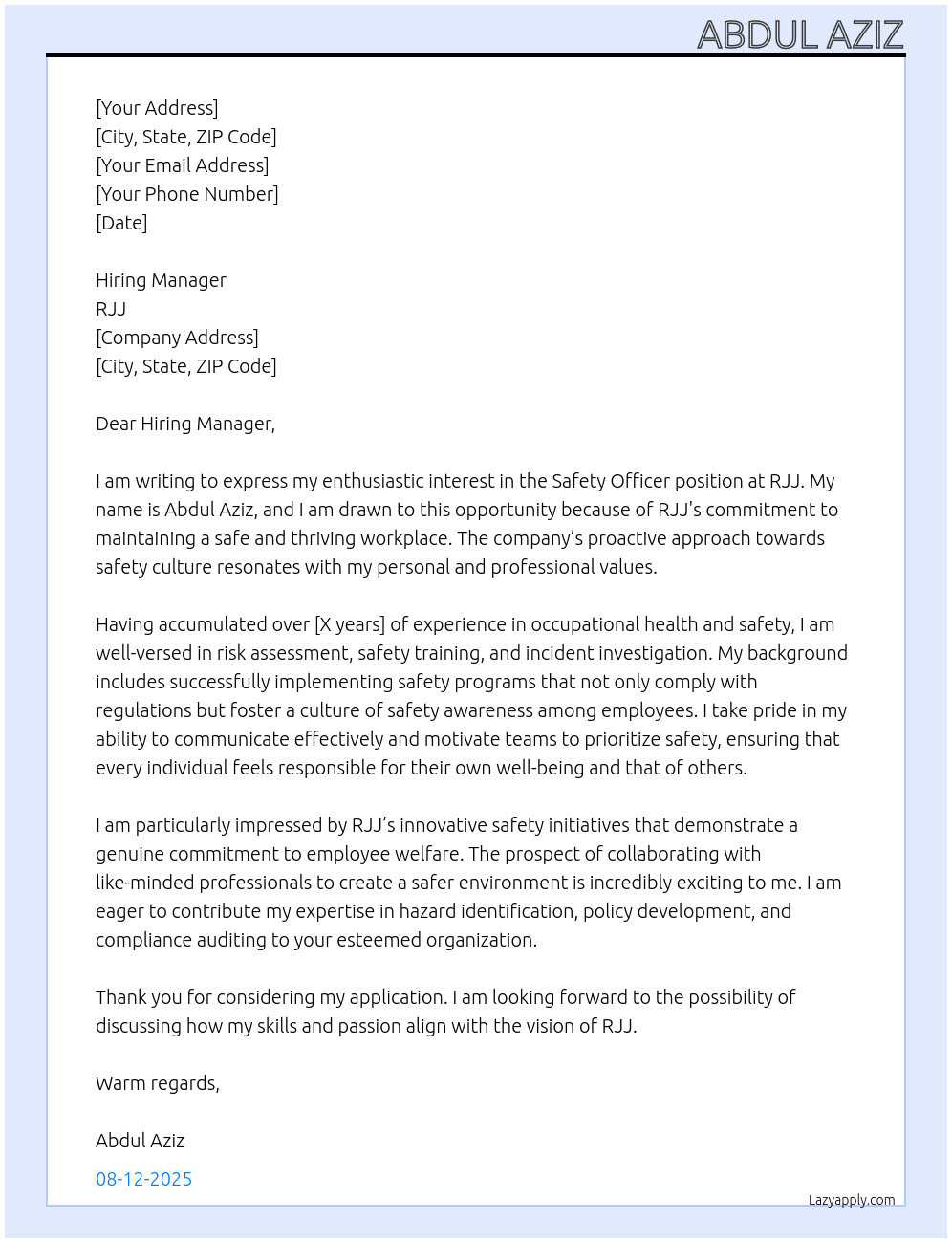 Safety officer At RJJ Cover Letter