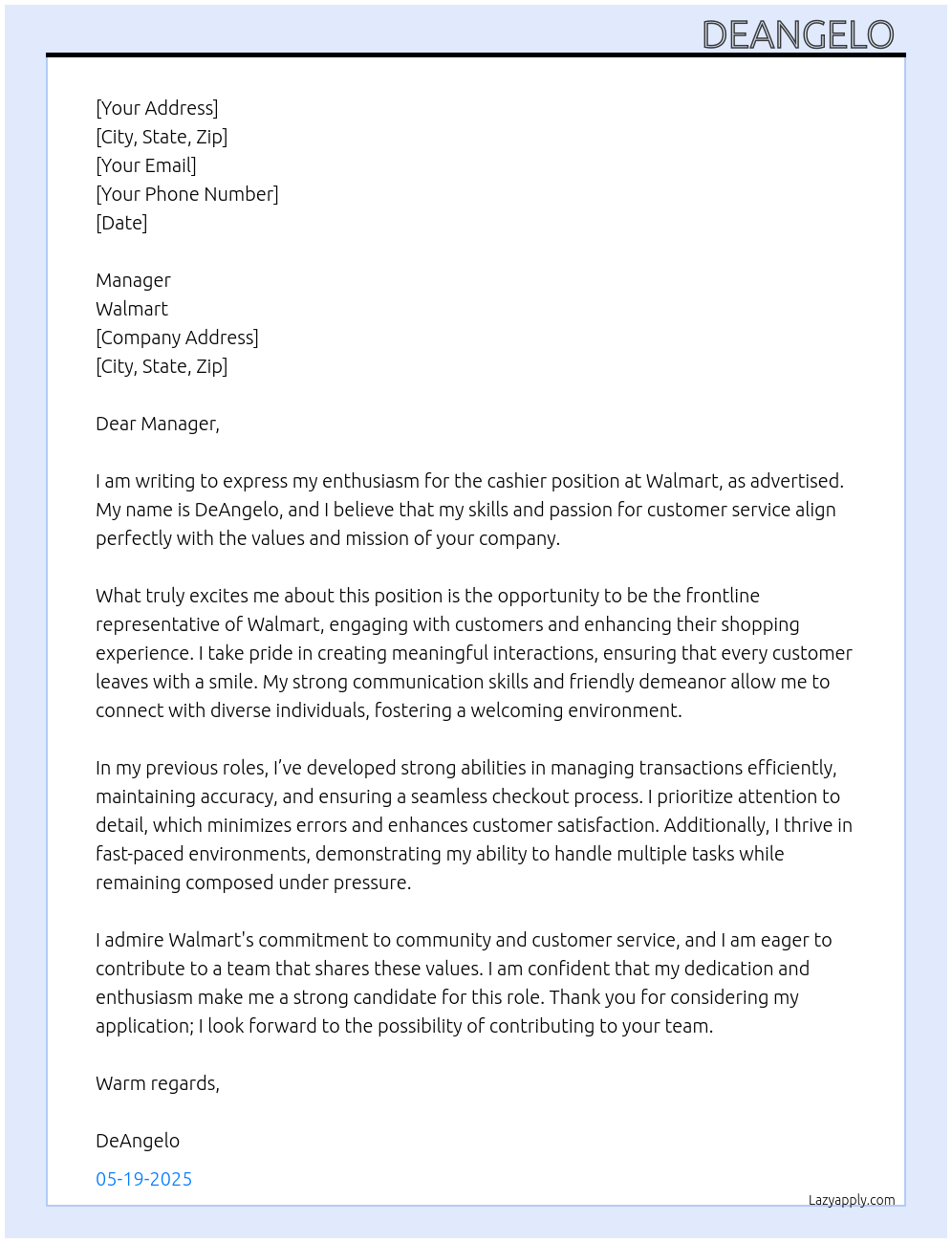 cashier At Walmart Cover Letter