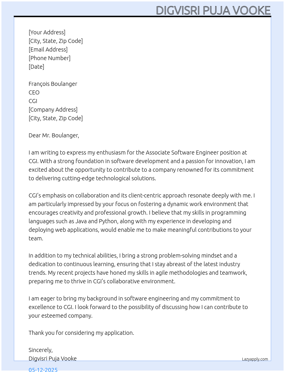 Assosiate Software Enginner At CGI Cover Letter