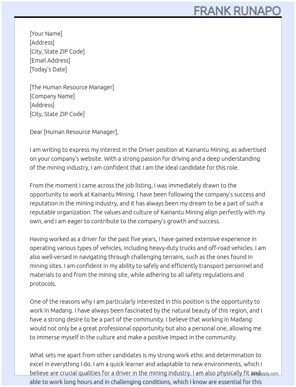 Cover letter for driver -mining site - LazyApply