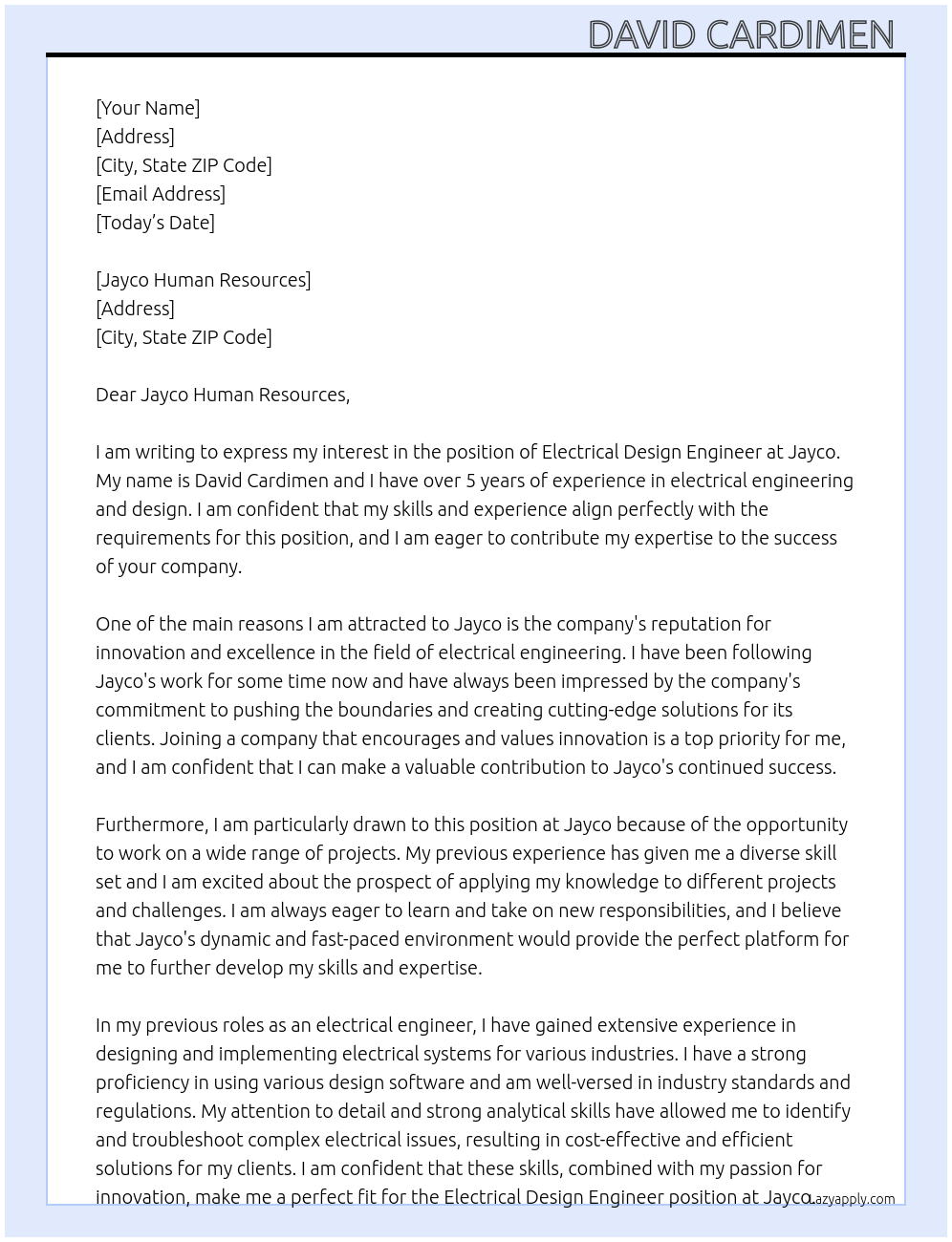 Electrical Design Engineer At Jayco Cover Letter