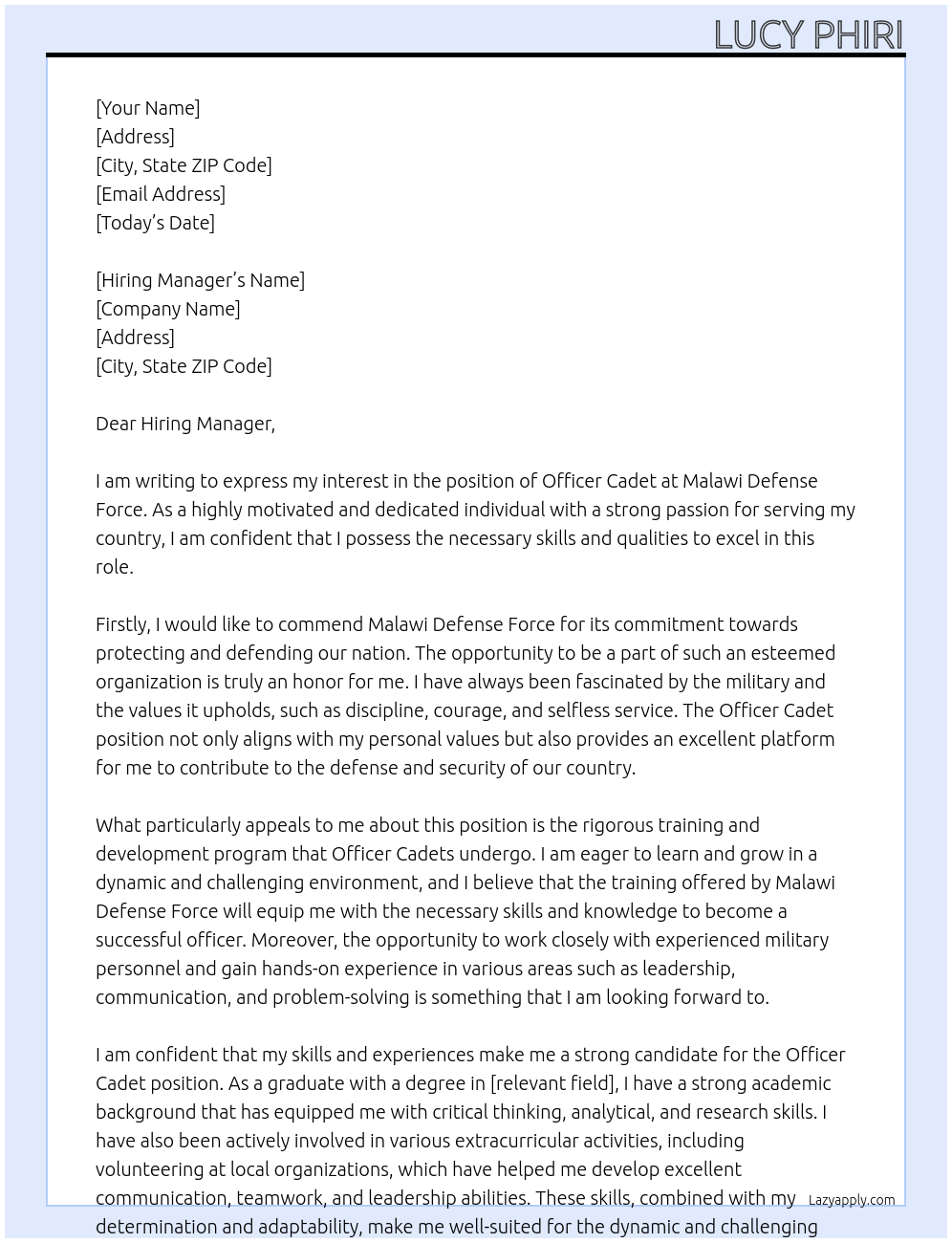 Officer cadet At Malawi Defense force Cover Letter