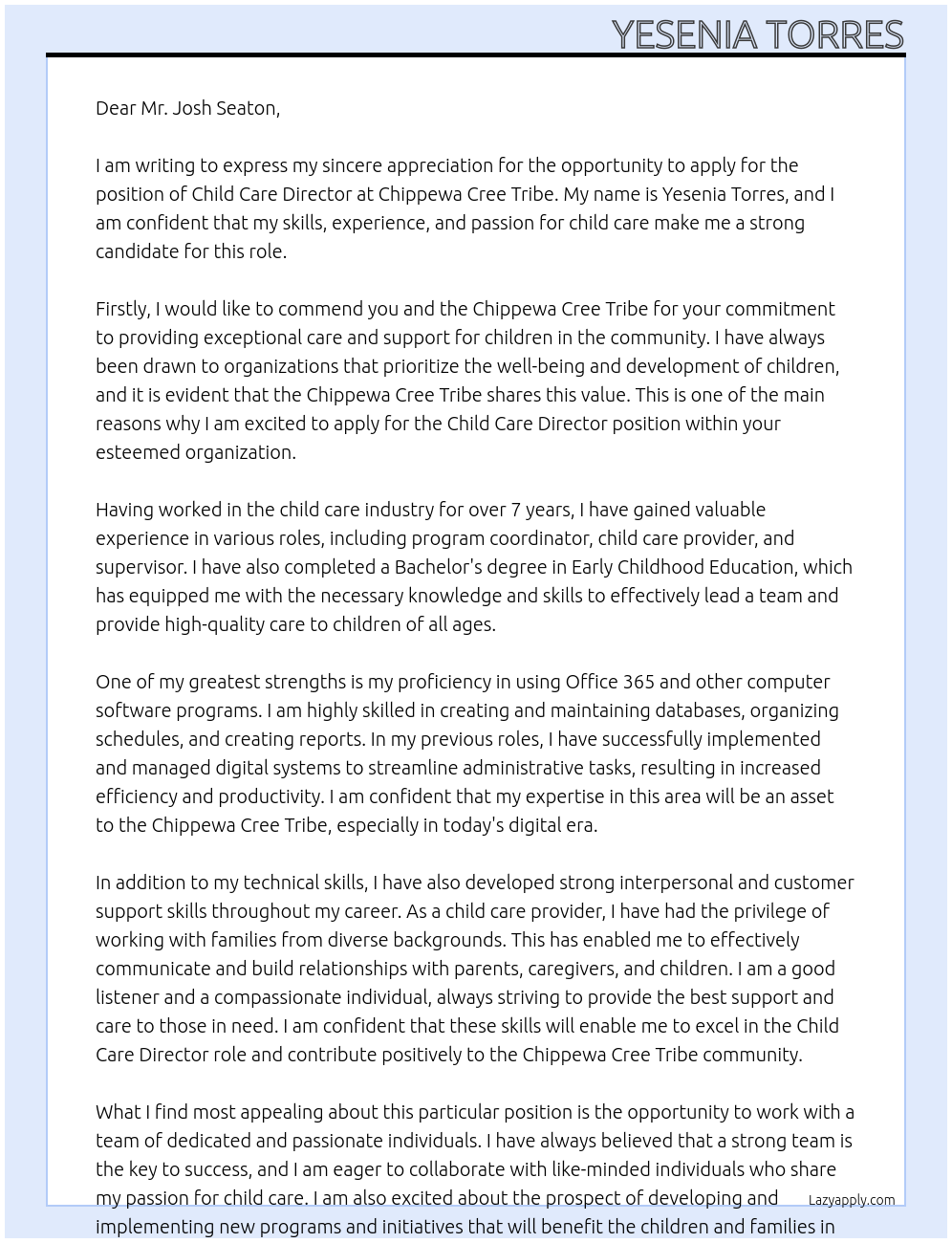 Child Care Director  At Chippewa Cree Tribe Cover Letter