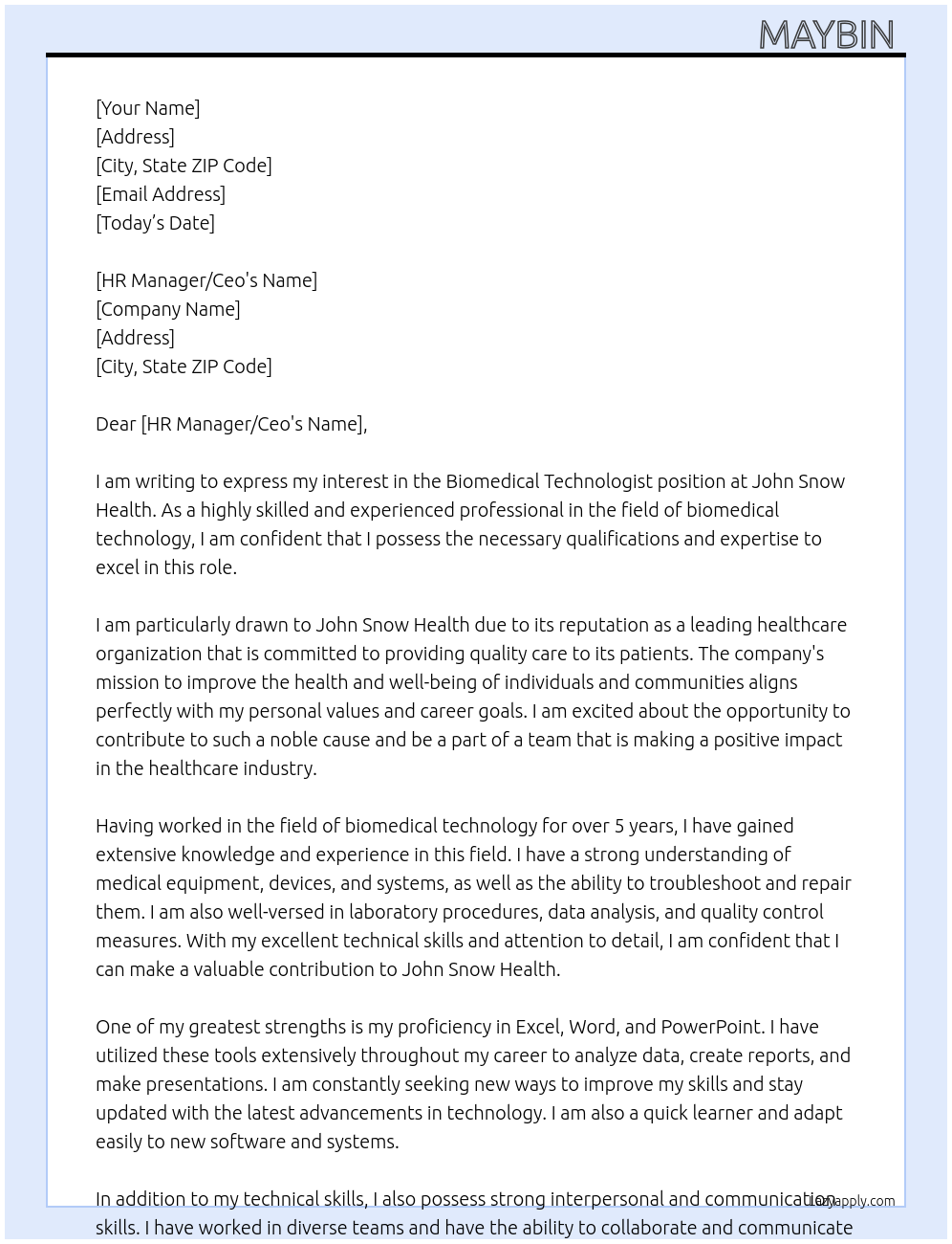 Biomedical technologist  At John snow health  Cover Letter