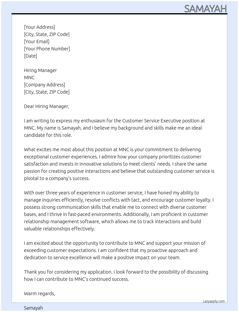 Customer service executive At Mnc Cover Letter