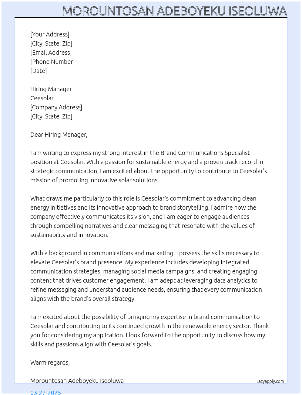 Cover letter for brand communications specialist - LazyApply