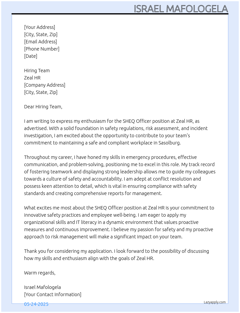 SHEQ Officer At Zeal HR Cover Letter