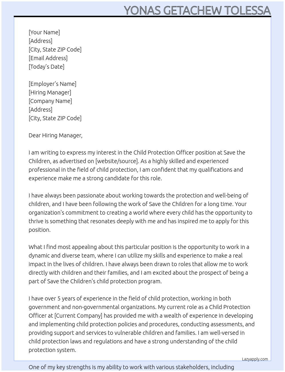 Child Protection Officer At Save the Children Cover Letter