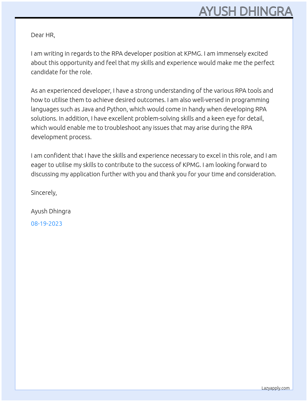 RPA developer At KPMG Cover Letter