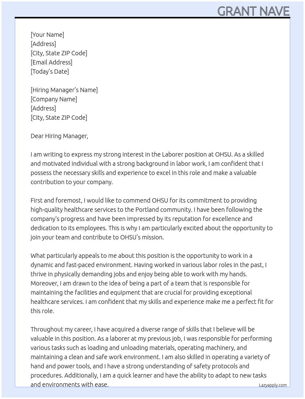 Laborer At OHSU Cover Letter