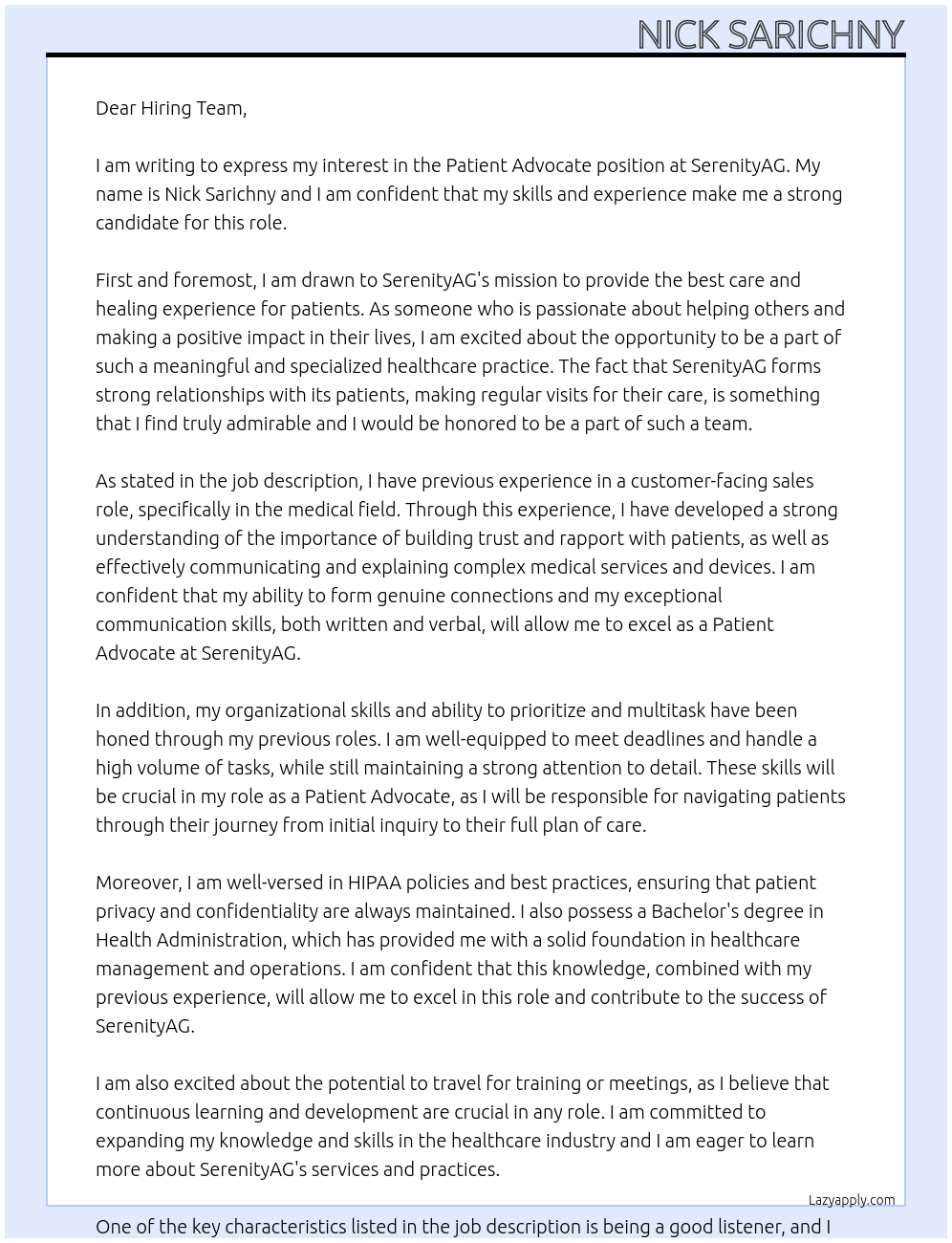 Patient Advocate At SerenityAG Cover Letter