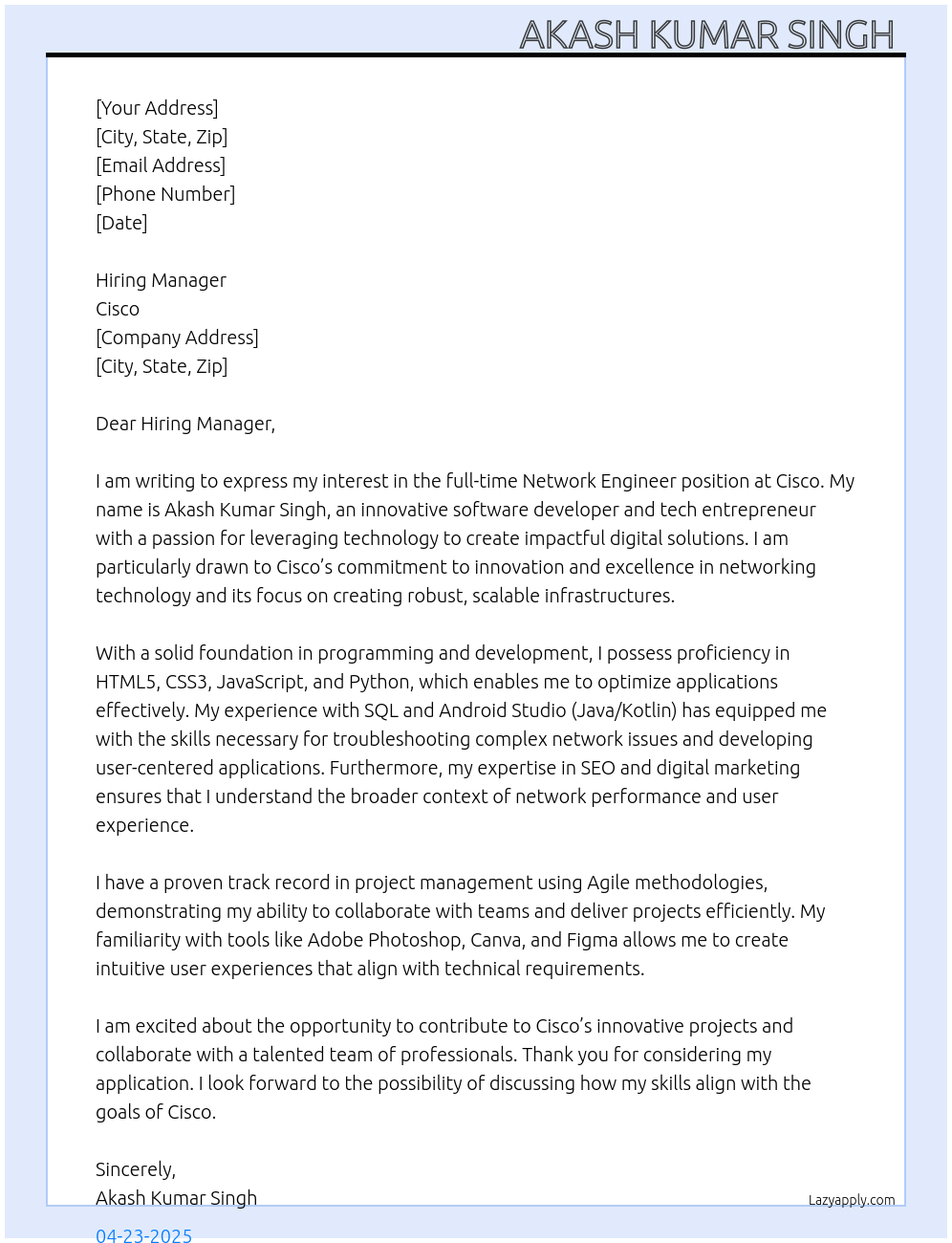 Network engineer At Cisco Cover Letter