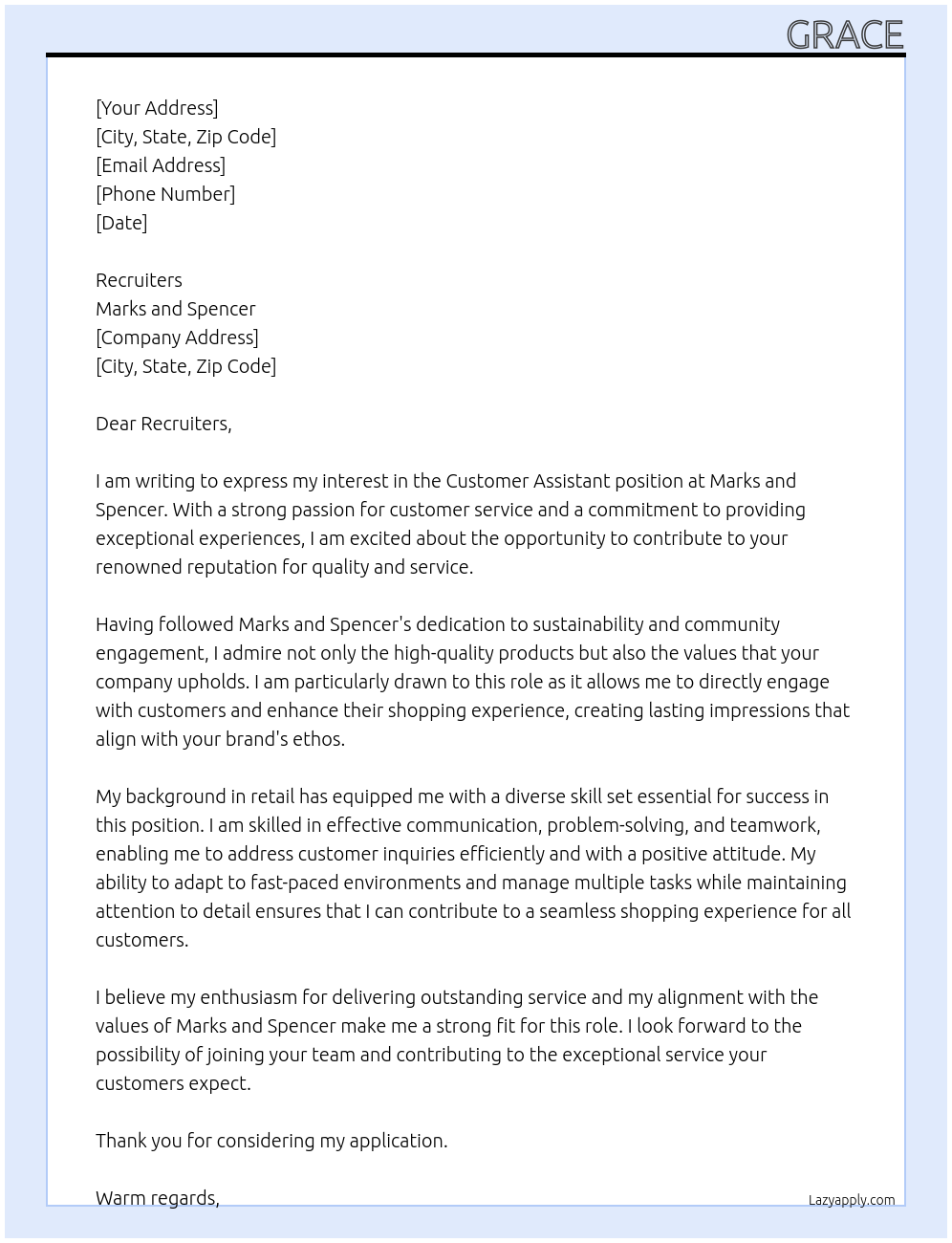 customer assistant At marks and spencers Cover Letter