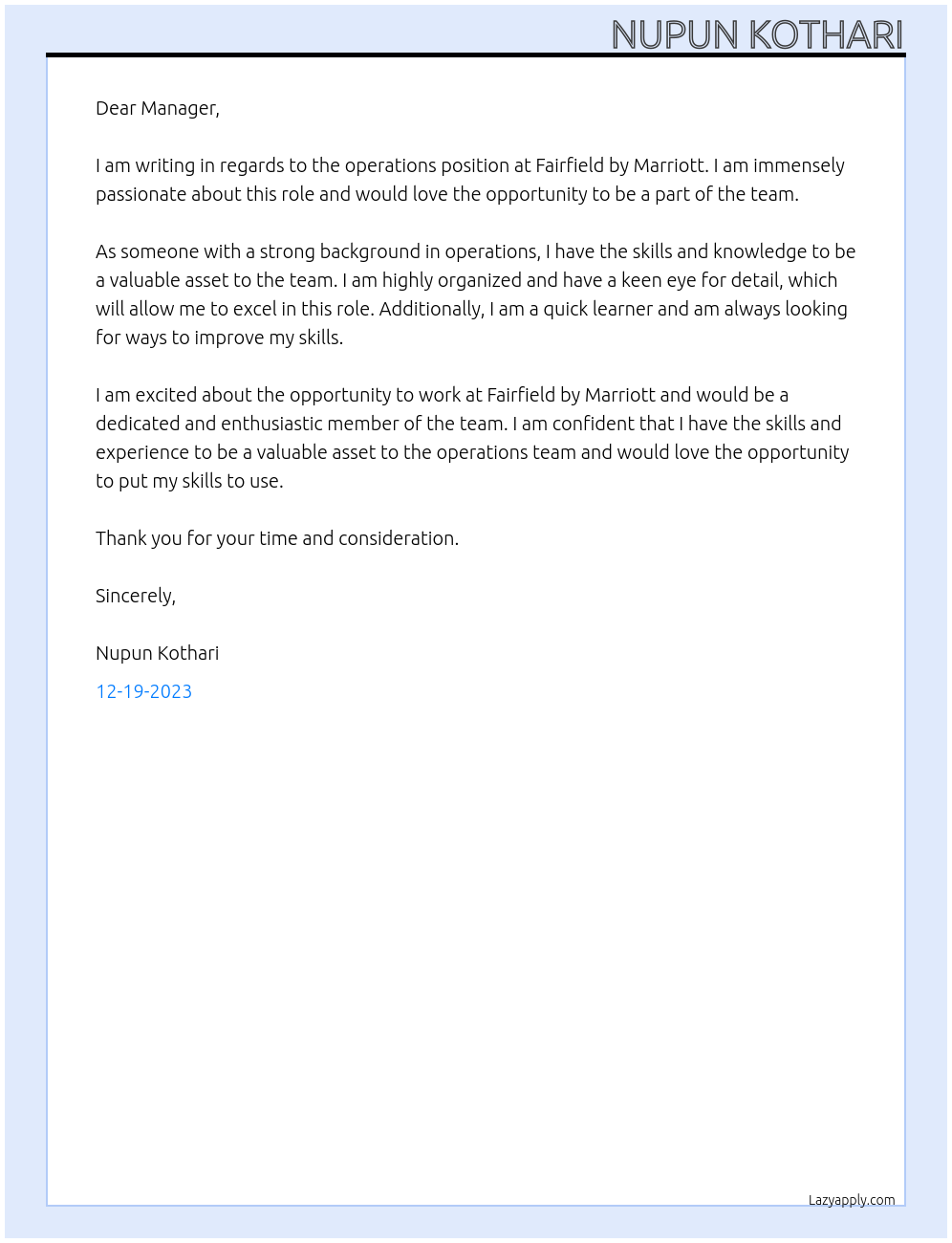 operation At Fairfield by Marriott Cover Letter