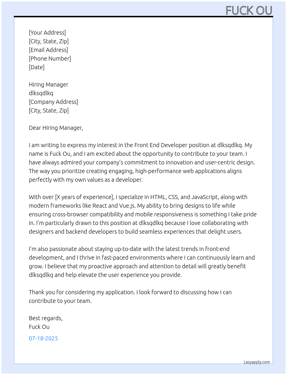 Cover letter for front end developer - LazyApply