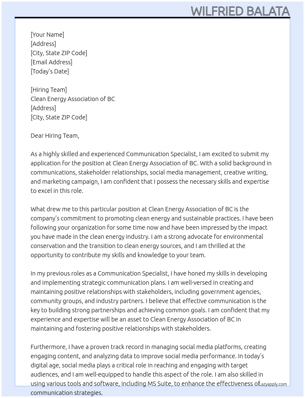 Communication Specialist At Clean Energy Associaation of BC Cover Letter