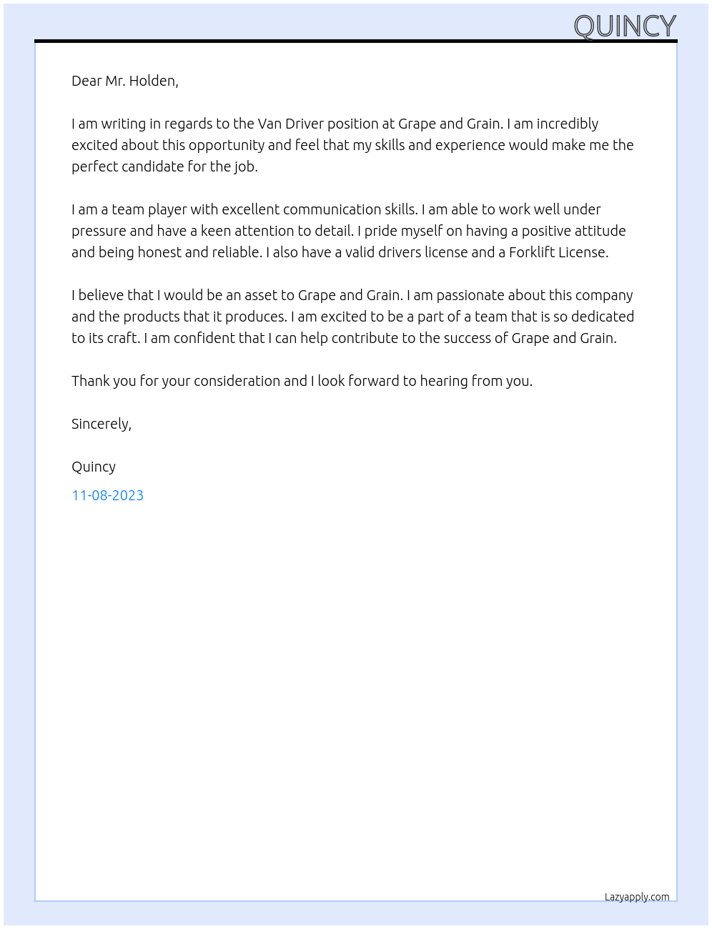 Van Driver At Grape and Grain Cover Letter