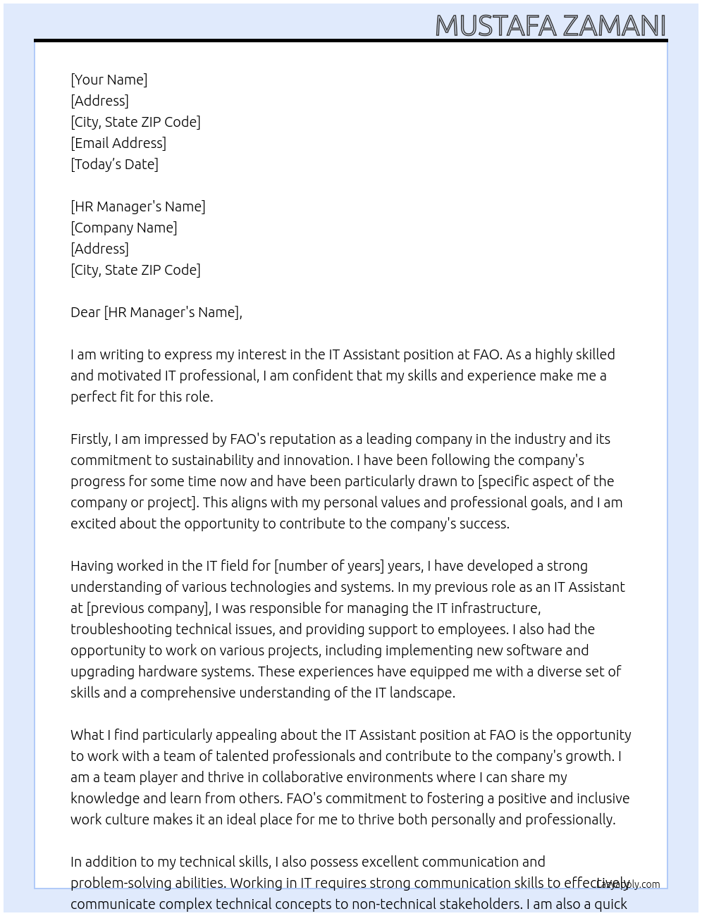 IT Assistant At FAO Cover Letter