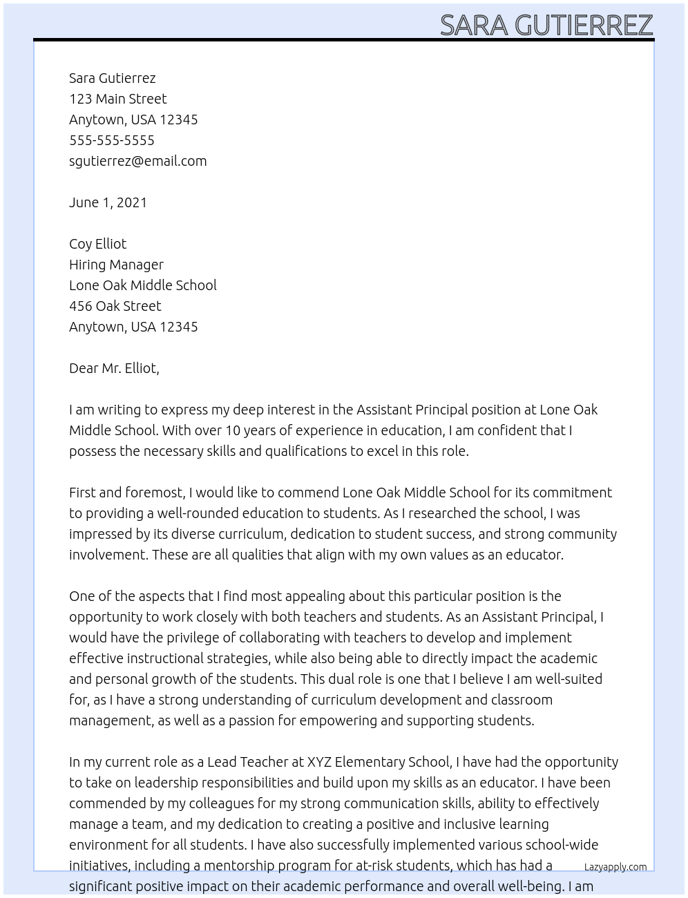 Assistant Principal At Lone Oak Middle School Cover Letter