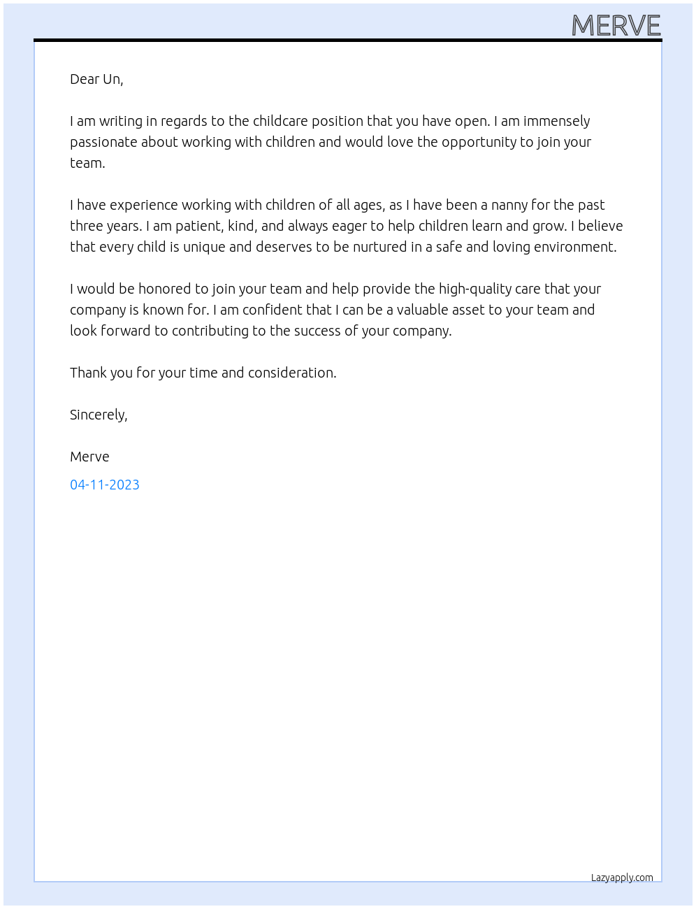 Childcare At Un Cover Letter