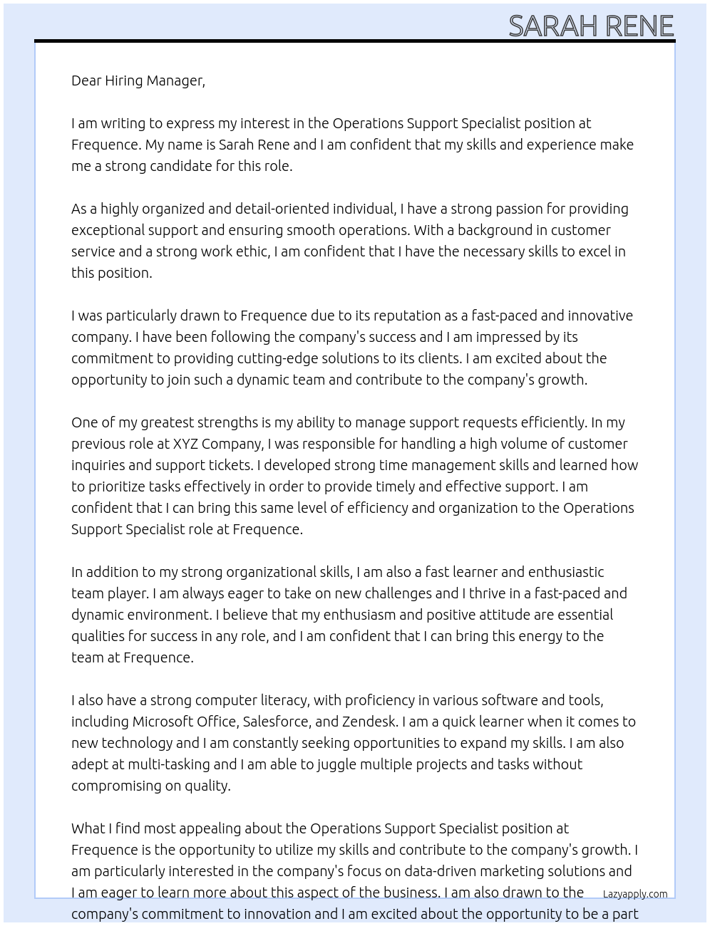 Operations Support Specialist At Frequence Cover Letter
