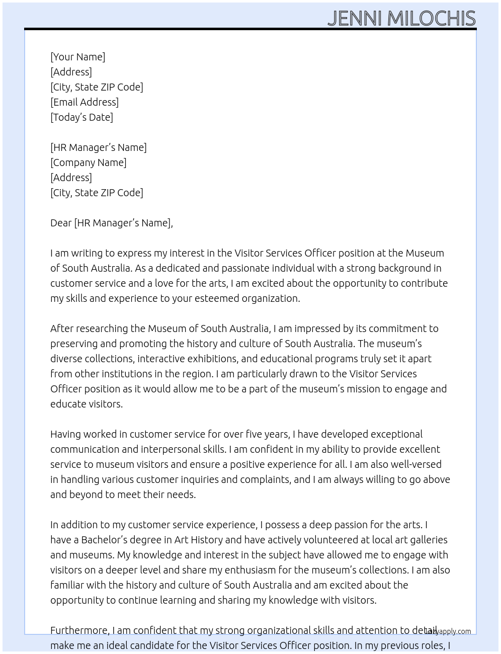 Visitor Services Officer At Museum of South Australia Cover Letter