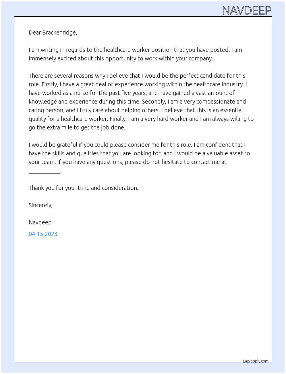 Healthcare worker At BRACKENRIDGE Cover Letter