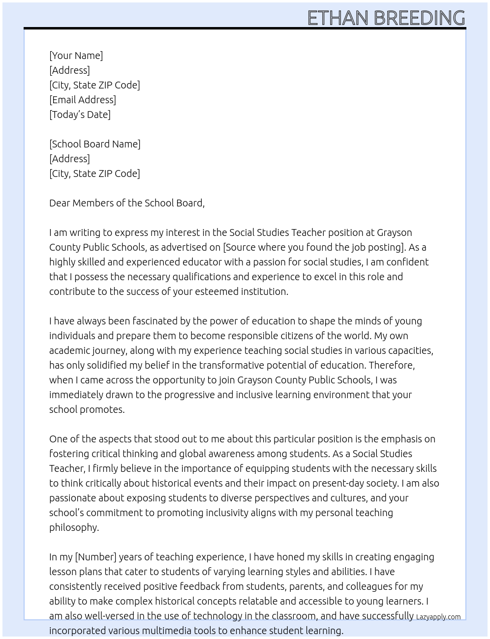 Social Studies Teacher At Grayson County public schools Cover Letter