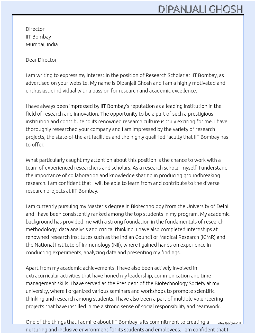 Research Scholar At IIT Bombay Cover Letter