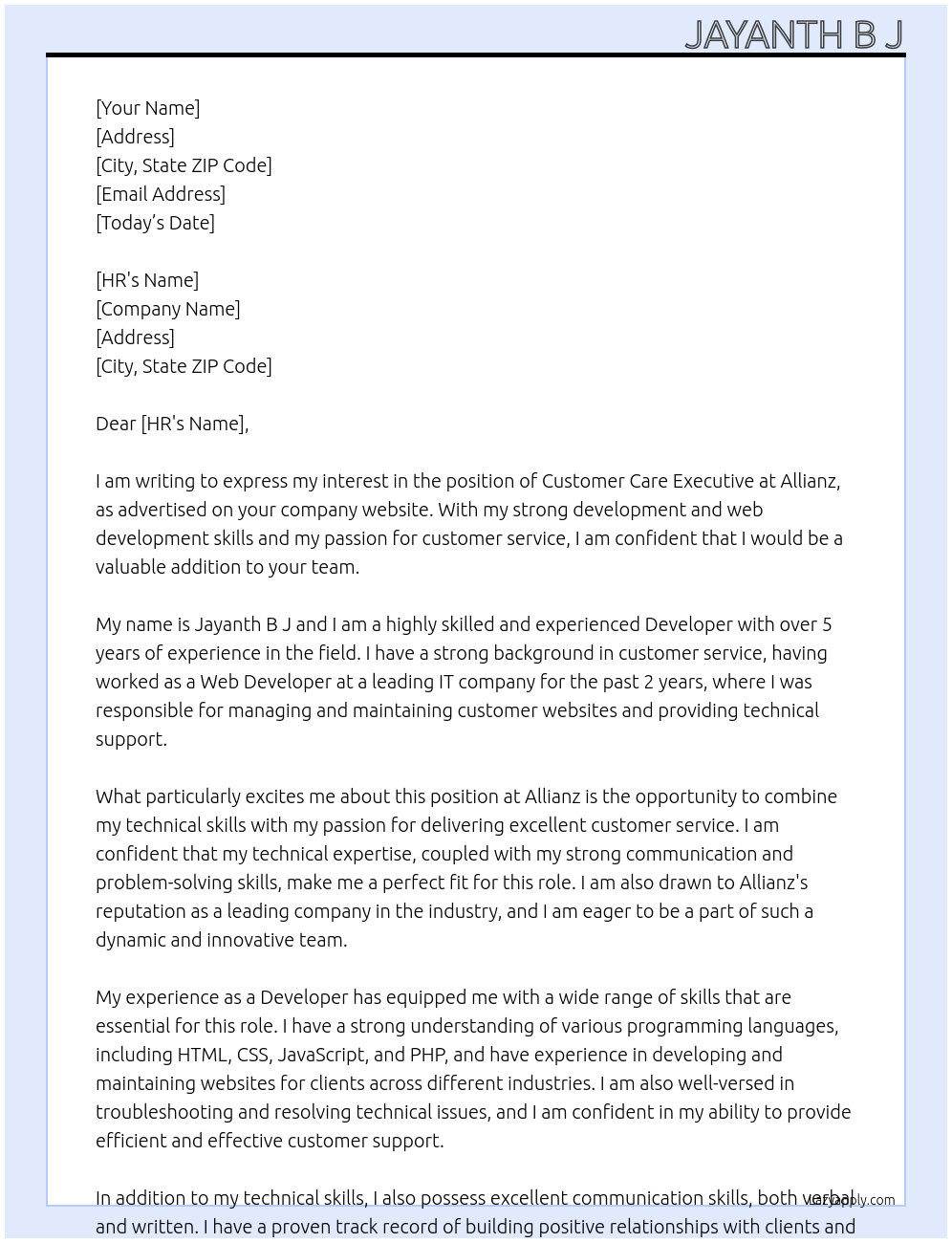 Customer Care Executive At Allianz Cover Letter