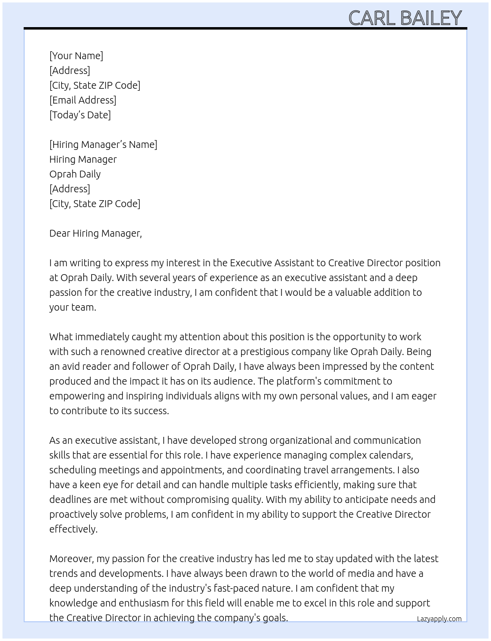 Executive Assistant to Creative Director  At Oprah Daily  Cover Letter